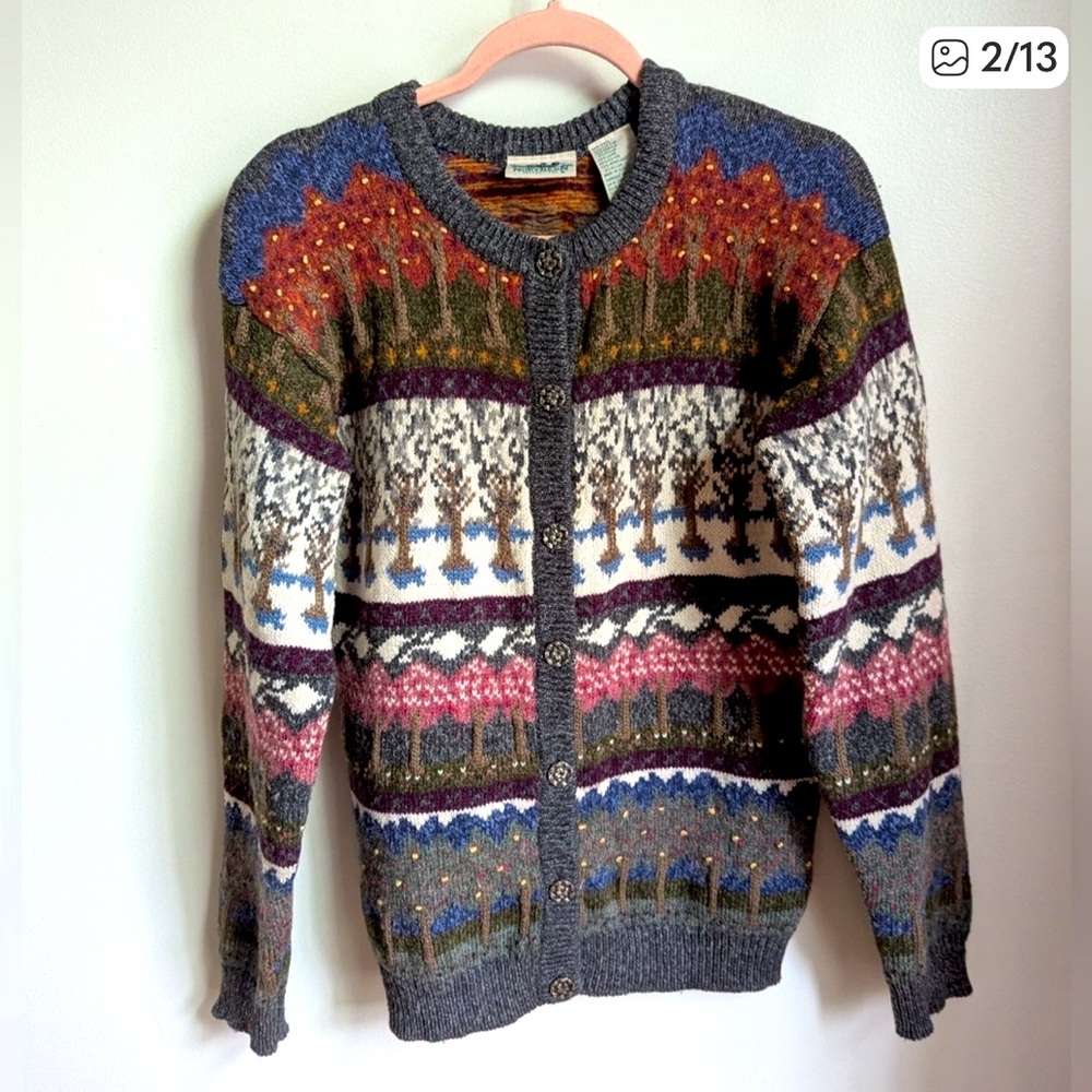 VINTAGE NORTHERN Fair Isles Trees Design Wool Cottagecore Knit Cardigan Small